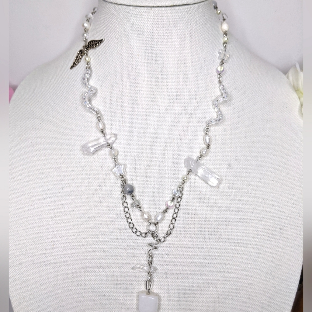 Necklace with crystal beads quartz pendant and chain. Handmade by me.